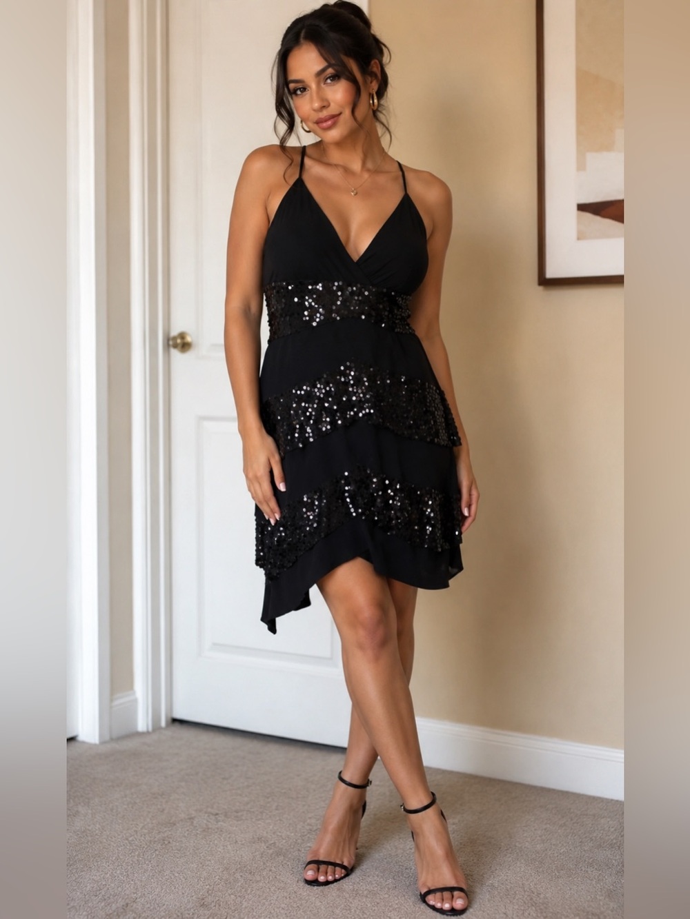 La bella sequins Black Sequin Tiered Slip Dress